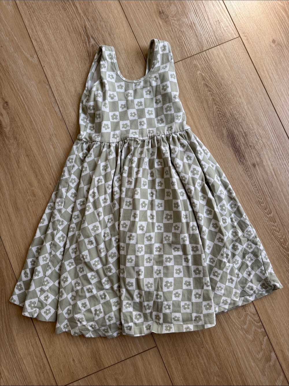 Girls Sleeveless Checker Floral Summer Dress in Light Olive